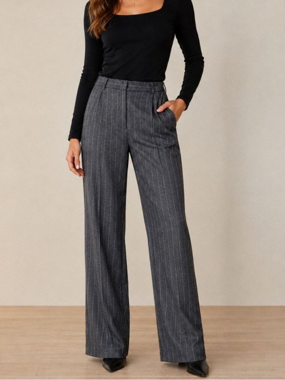 Ralph Lauren Charcoal Gray Pinstripe Worsted Wool w/pockets Wide Leg Trousers 12